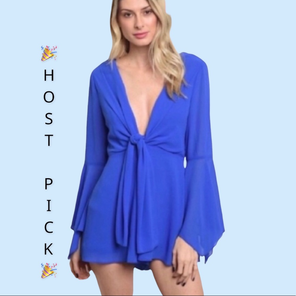 ROYAL BLUE LINED BELL SLEEVE ROMPER - Picture 1 of 15